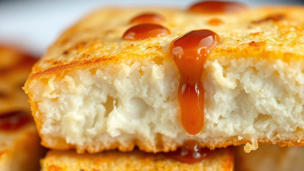 detail: close-up cross-section of cooked crispy tofu showing golden exterior and soft white interior, drizzled with glossy sauce, photorealistic macro photography