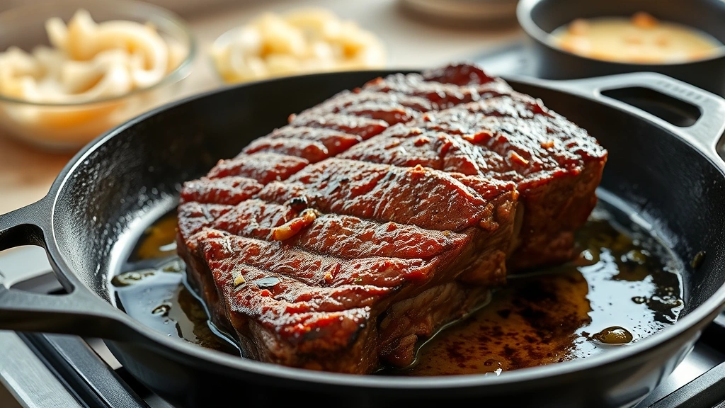 process: searing beef chuck roast in cast iron skillet with golden-brown crust, oil shimmering, onions cooking in background, photorealistic, bright natural kitchen light, no text