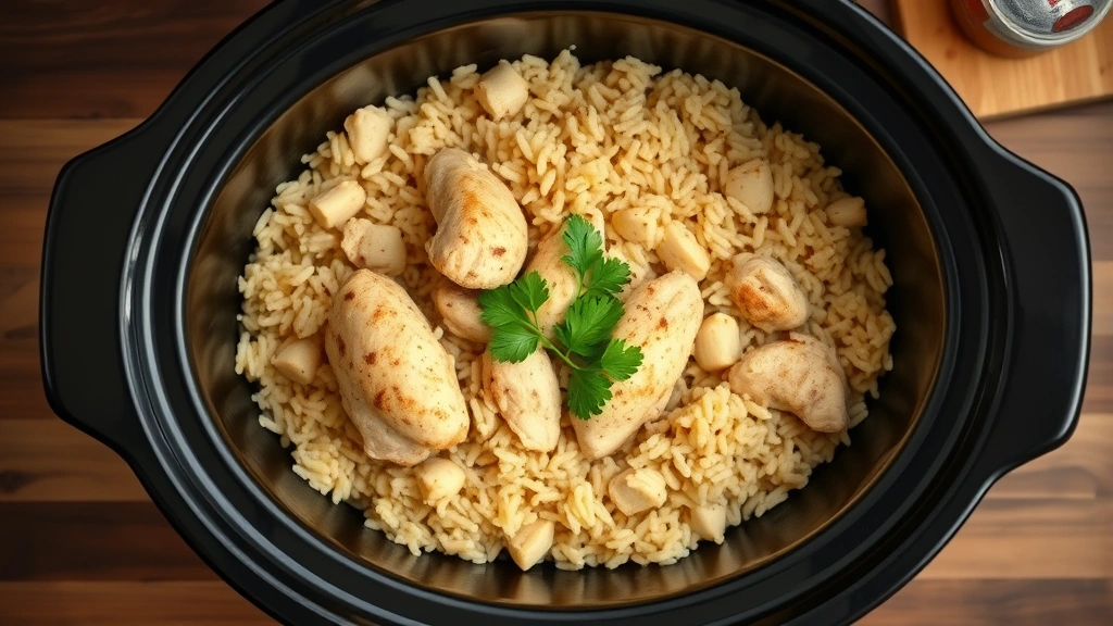 hero: overhead shot of finished crock pot chicken and rice in a slow cooker, steam rising, fresh parsley garnish, golden rice visible, photorealistic, warm natural light, cozy kitchen setting, no text