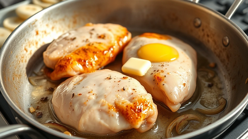 process: chicken breasts searing in a skillet with butter, golden brown crust forming, onions and garlic in background, photorealistic, bright natural light, no text