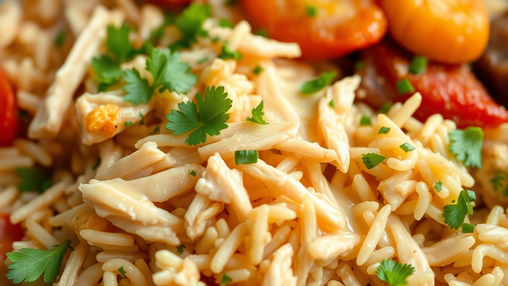 detail: close-up of shredded chicken mixed with fluffy rice and vegetables, creamy sauce coating, fresh parsley sprinkled on top, photorealistic, soft natural light, shallow depth of field, no text