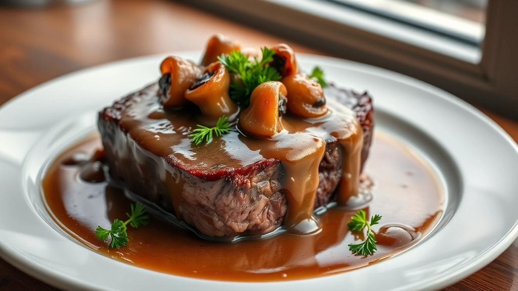 hero: tender cube steak covered in rich mushroom gravy with caramelized onions, served on a white plate with fresh parsley garnish, soft natural window light, elegant presentation, no text