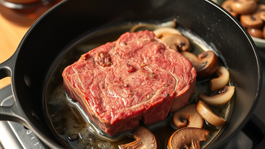 process: searing cube steak in cast iron skillet with oil, golden brown crust forming, mushrooms and onions visible in background, warm kitchen lighting, action shot, no text