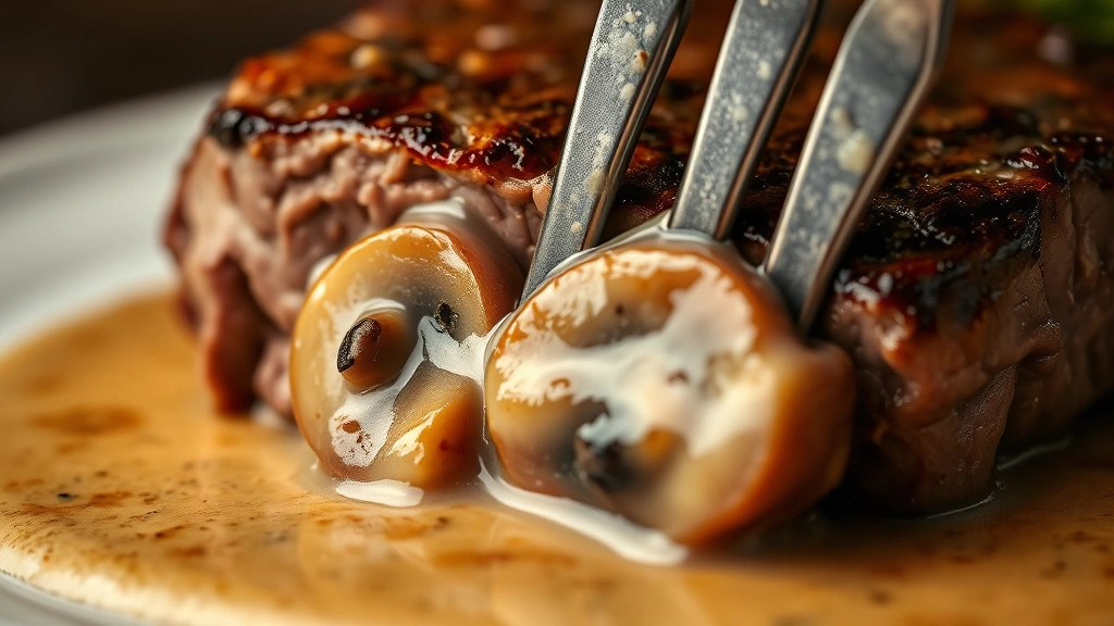detail: close-up of fork cutting into tender cube steak, gravy dripping, mushroom slice visible, creamy sauce coating meat, shallow depth of field, no text