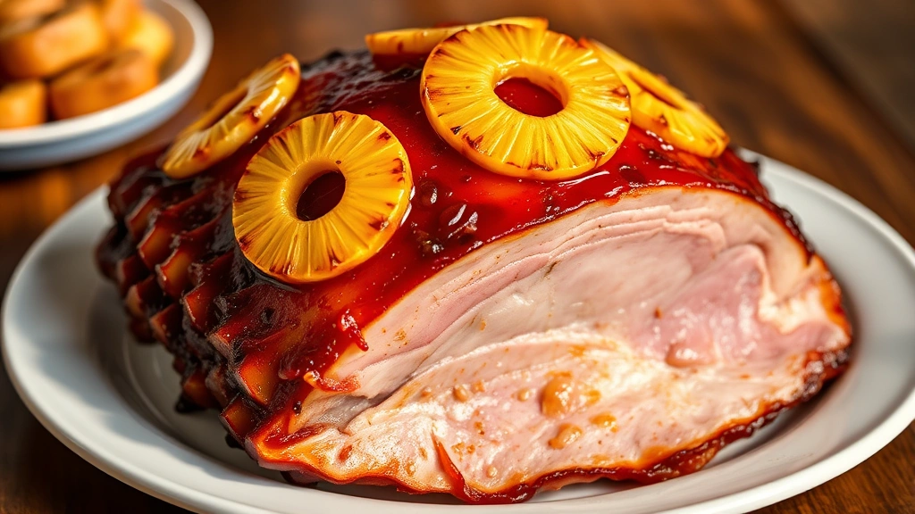 hero: perfectly glazed ham with caramelized edges and pineapple slices on top, sitting on a white platter, photorealistic, warm natural light, no text, professional food photography