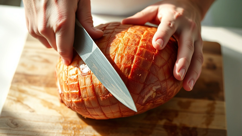 process: scoring the ham surface with a sharp knife in crosshatch pattern, hands visible, photorealistic, bright natural light, no text