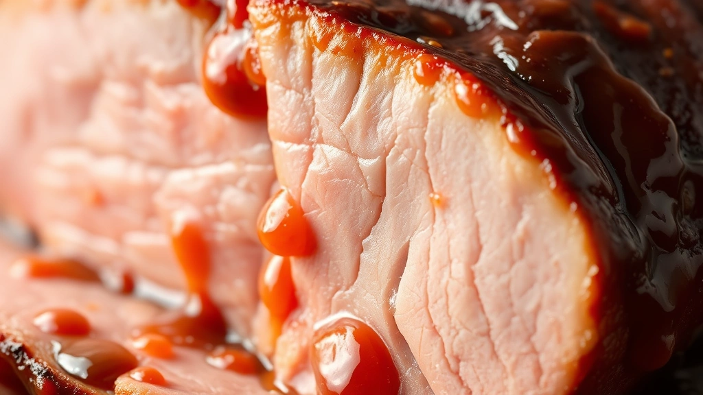 detail: close-up of glazed ham slice showing tender meat texture and glossy glaze coating, photorealistic, natural light, no text