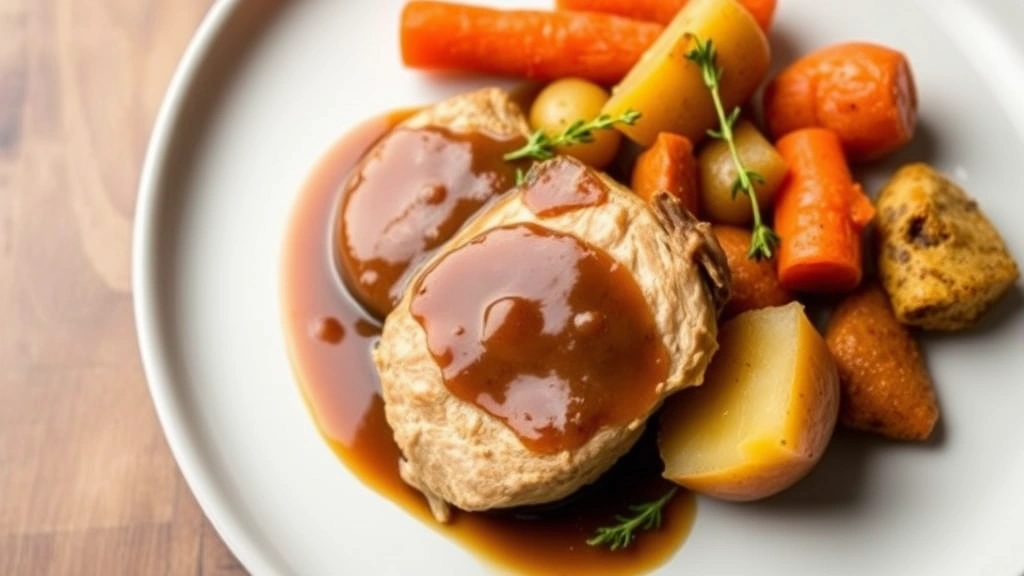 hero: plated crock pot pork chops with brown sauce, carrots and potatoes, fresh thyme garnish, white plate, warm lighting, professional food photography