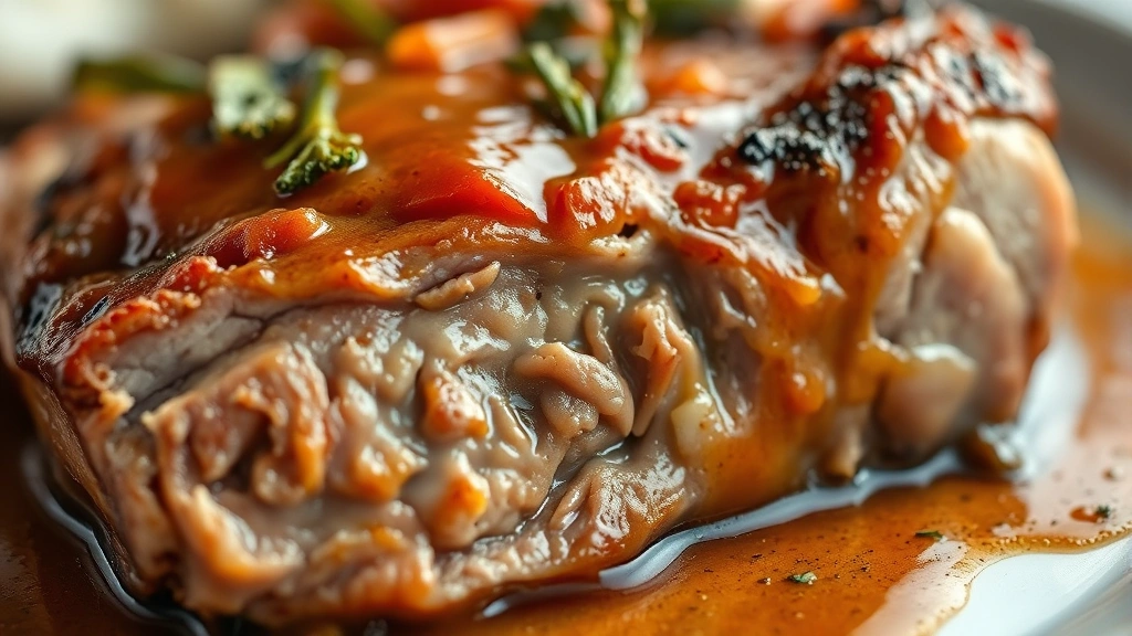 detail: close-up cross-section of tender pork chop with sauce, vegetables, and juices, shallow depth of field, warm natural light