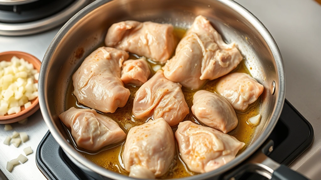 process: browning chicken in stainless steel skillet with olive oil, diced onions and garlic nearby, professional kitchen lighting, photorealistic, no text