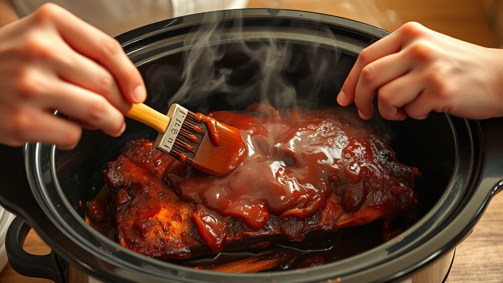 process: hands brushing barbecue sauce onto cooked ribs in crock pot with steam rising, photorealistic, warm kitchen lighting, no text