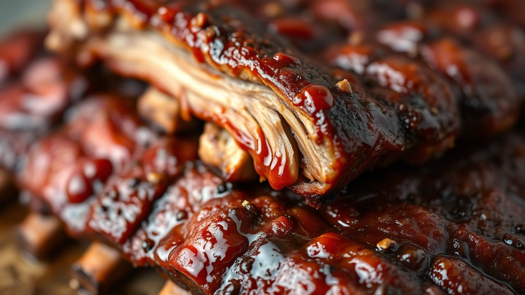 detail: close-up of perfectly cooked ribs meat pulling from bone with sauce glaze, photorealistic, shallow depth of field, natural lighting, no text