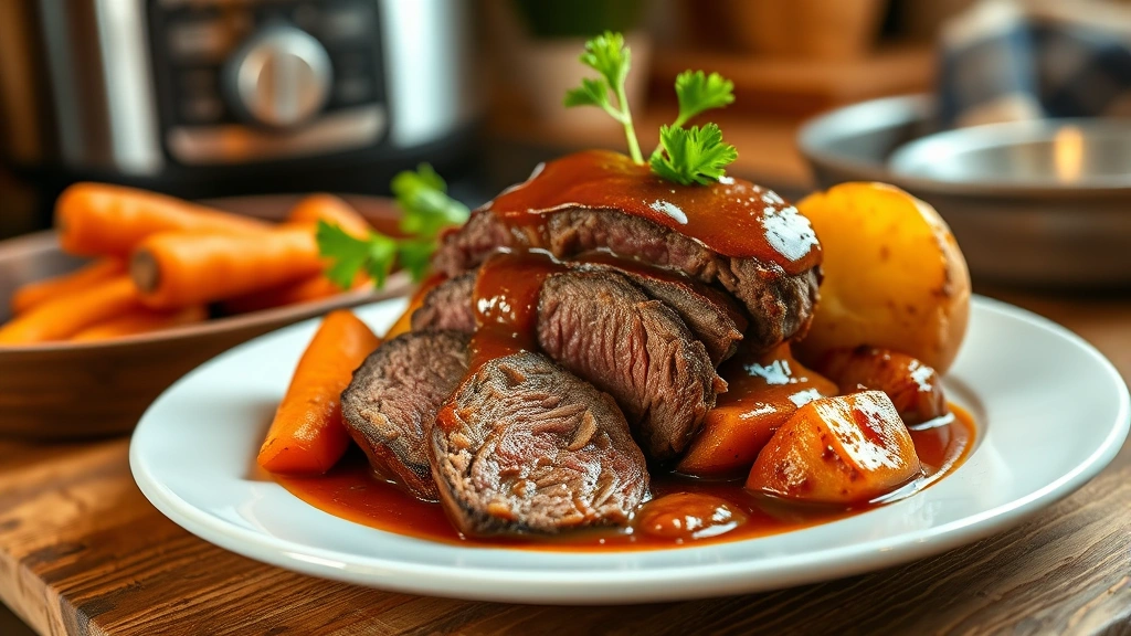 hero: perfectly sliced crock pot steak with tender meat falling apart, rich brown gravy, roasted carrots and potatoes, fresh parsley garnish, warm golden lighting, rustic white plate, cozy home kitchen background
