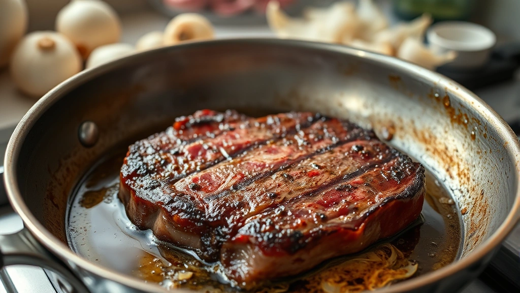 process: beef steak searing in hot skillet with oil, deep brown caramelized crust forming, onions and garlic in background, steam rising, natural kitchen lighting, stainless steel pan