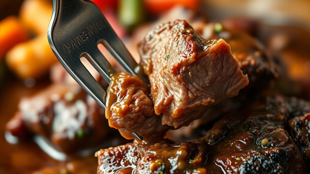 detail: close-up of fork pulling apart incredibly tender slow-cooked steak, moist meat texture, rich gravy coating, soft focus background showing vegetables, warm inviting lighting, food photography style