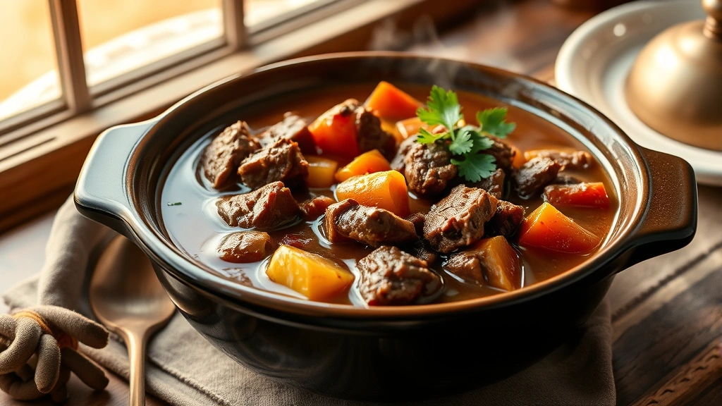 hero: steaming bowl of crockpot beef stew with tender beef cubes and vegetables in rich brown broth, garnished with fresh parsley, rustic wooden table background, warm natural lighting from window, cozy comfort food aesthetic