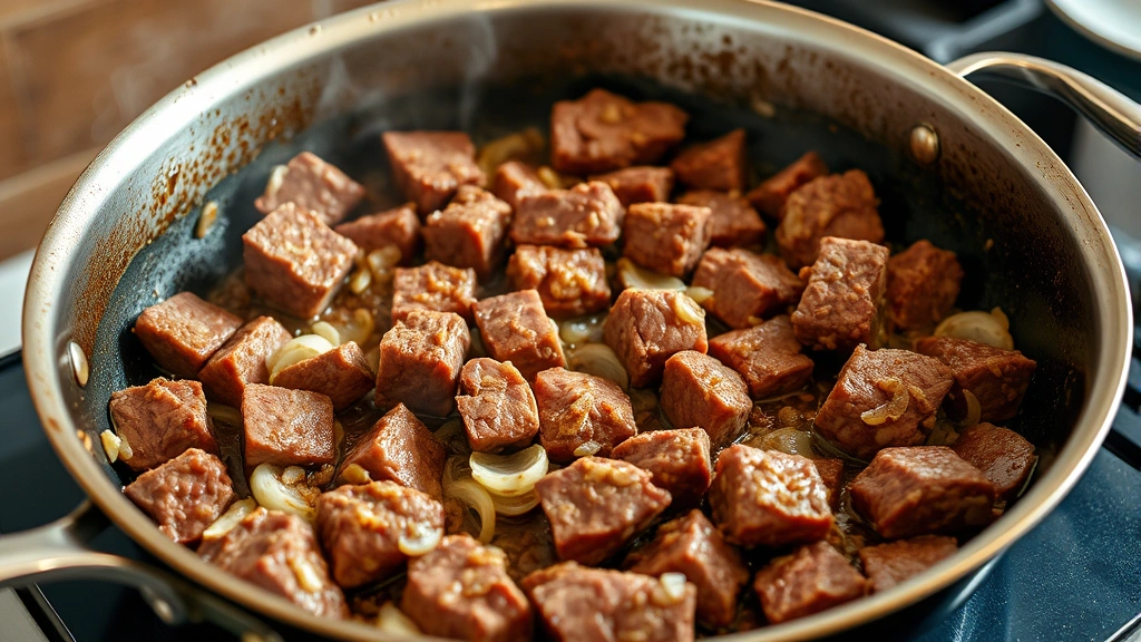 process: browning beef chunks in a large skillet with a beautiful golden crust, aromatic onions and garlic visible, steam rising, natural kitchen lighting, showing the searing technique