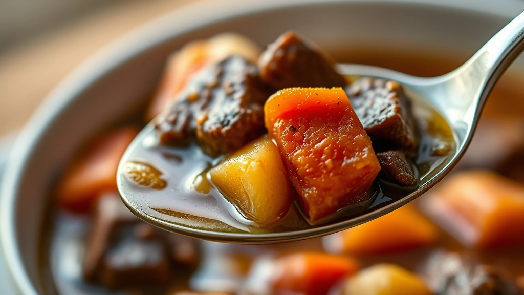 detail: close-up of a single spoonful of beef stew showing perfectly tender meat, carrot pieces, potato, and glossy broth, shallow depth of field, warm natural light, appetizing macro photography