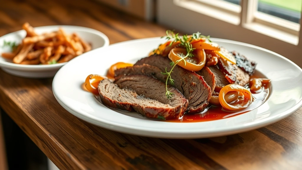 hero: sliced crockpot brisket on a white plate with caramelized onions and rich brown sauce, fresh thyme garnish, warm natural window light, professional food photography
