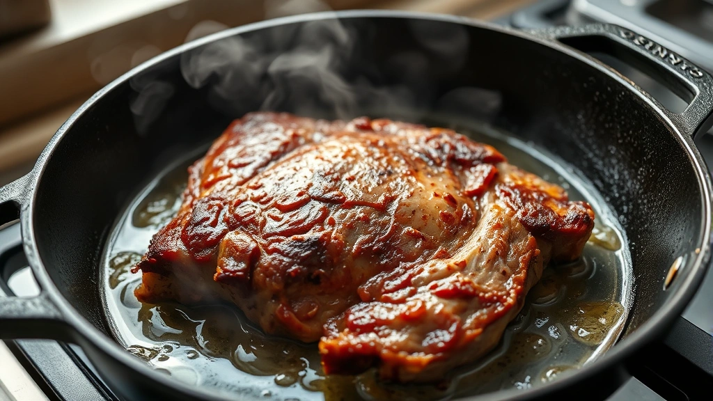 process: searing brisket in a cast iron skillet with oil, golden-brown crust forming, steam rising, close-up action shot, natural kitchen lighting