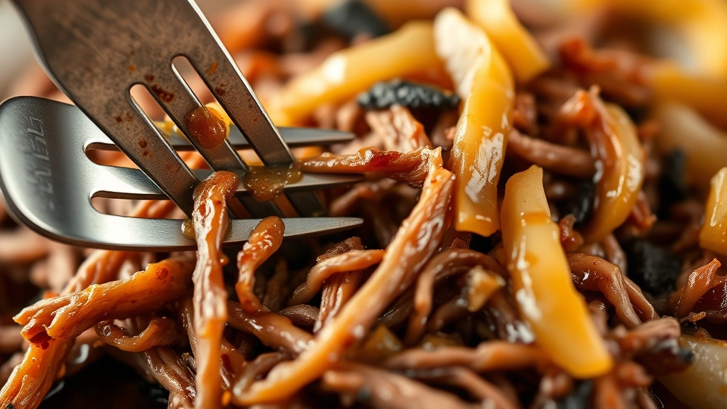 detail: close-up of fork-tender shredded brisket with sauce and soft onions, shallow depth of field, warm golden lighting, food styling