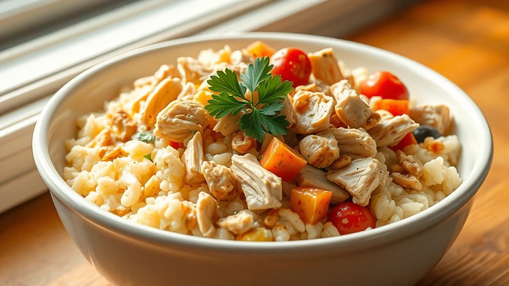 hero: steaming bowl of creamy crockpot chicken and rice with shredded chicken, mixed vegetables, and fresh parsley garnish, photorealistic, warm natural window light, white ceramic bowl, no text
