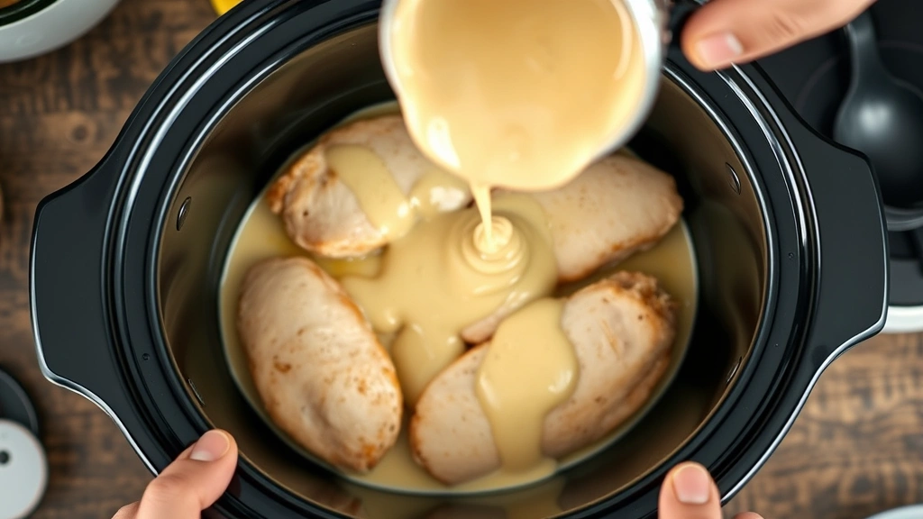 process: chicken breasts in crockpot with creamy sauce being poured over, photorealistic, natural kitchen lighting, hands visible, no text