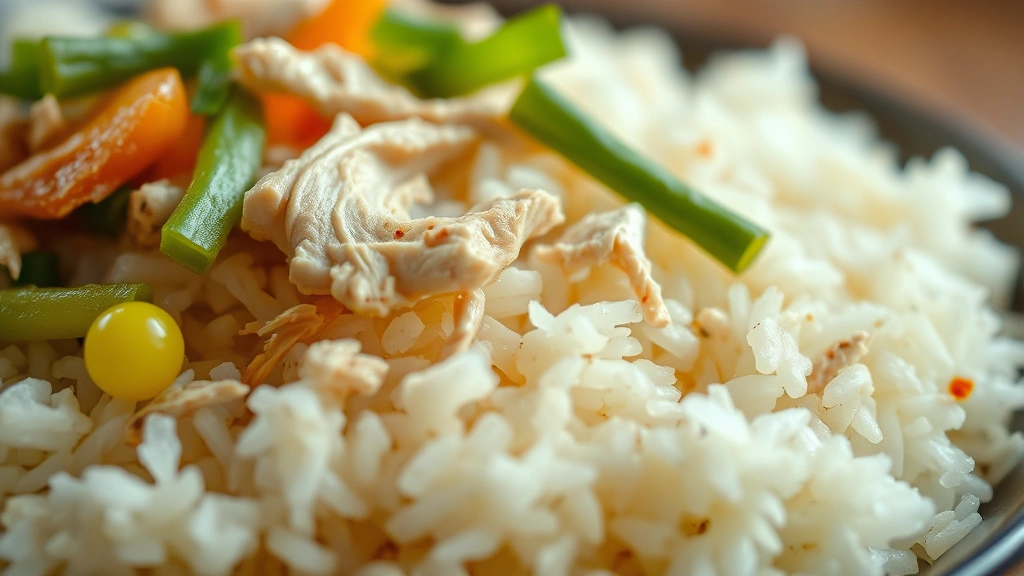 detail: close-up of fluffy rice with tender shredded chicken and vegetables, photorealistic, soft natural light, shallow depth of field, no text