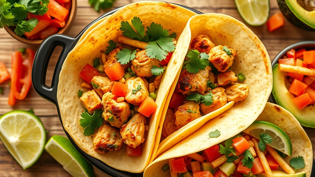 hero: steaming crockpot chicken tacos in warm flour tortillas with fresh cilantro, lime wedges, and colorful toppings including avocado and diced tomatoes, photorealistic, natural window light, no text, appetizing overhead composition