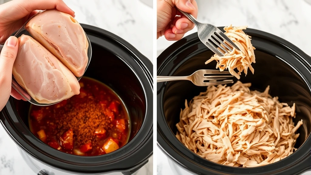process: raw chicken breasts being placed into slow cooker with salsa and spices, hands shredding cooked chicken with two forks over crockpot, photorealistic, natural kitchen light, no text, close-up action shot