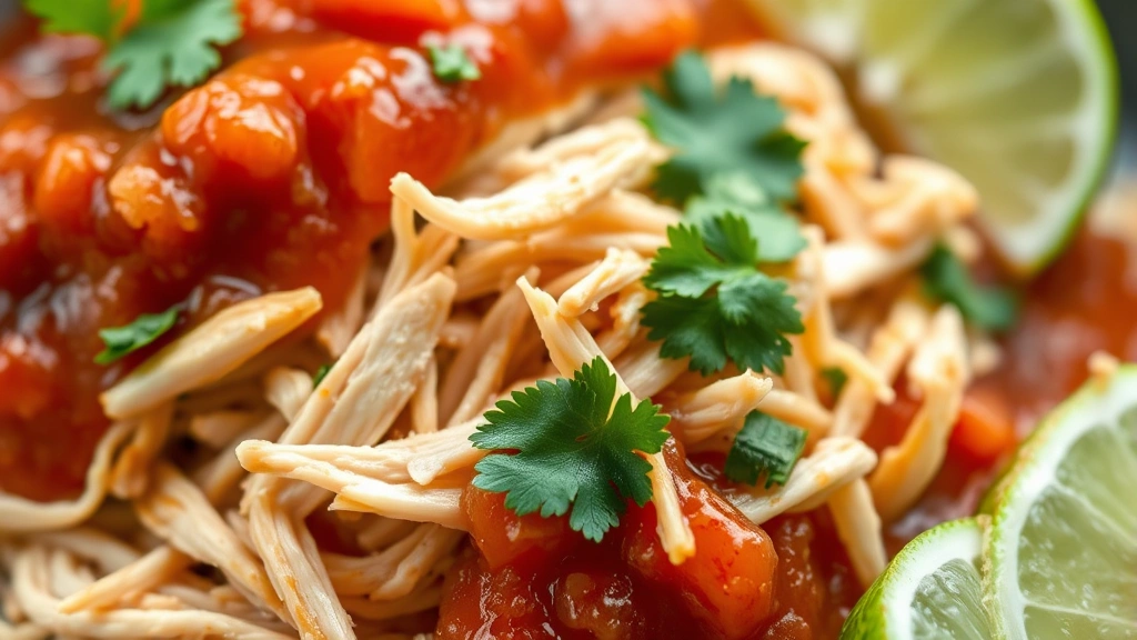 detail: close-up of perfectly shredded slow cooker chicken with salsa sauce, cilantro garnish, and lime squeeze, photorealistic, natural light, shallow depth of field, no text, food magazine quality