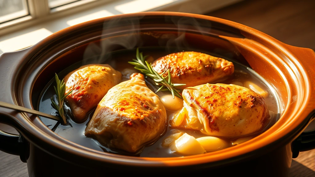 hero: golden-brown crockpot chicken thighs with rosemary and onions in rich broth, photorealistic, warm natural sunlight streaming across ceramic crockpot, steam rising, no text, appetizing presentation