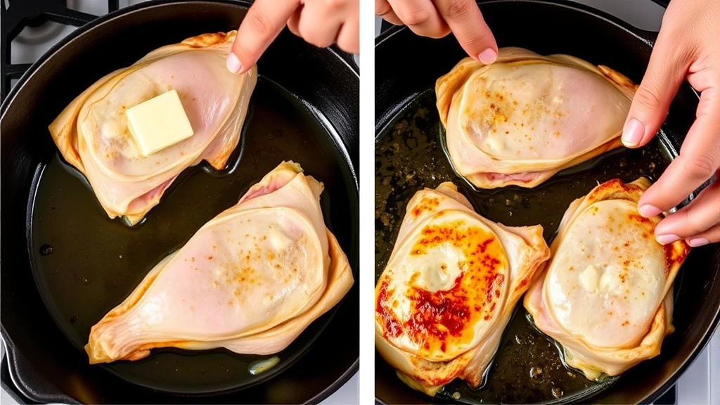 process: hands searing bone-in chicken thighs skin-side down in cast iron skillet with butter and oil, golden crust forming, photorealistic, bright natural kitchen light, no text