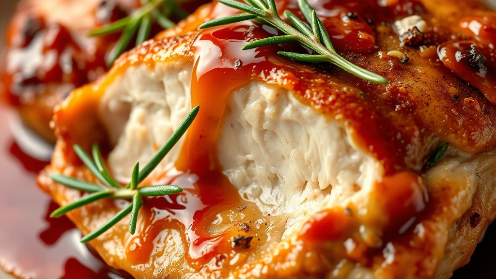detail: close-up of tender, glazed chicken thigh with crispy skin, fresh rosemary garnish, rich sauce dripping, photorealistic, soft natural light highlighting texture, no text