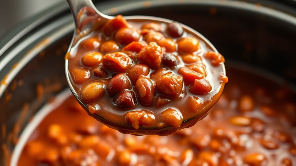 detail: close-up of ladle serving chili from crockpot showing beans and rich tomato sauce, photorealistic, natural light, no text