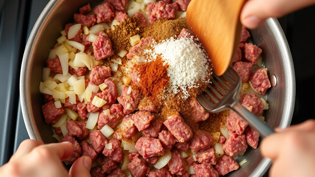 process: ground beef browning in skillet with diced onions and garlic, spices being stirred in, vibrant reds and browns, chef's hands visible stirring