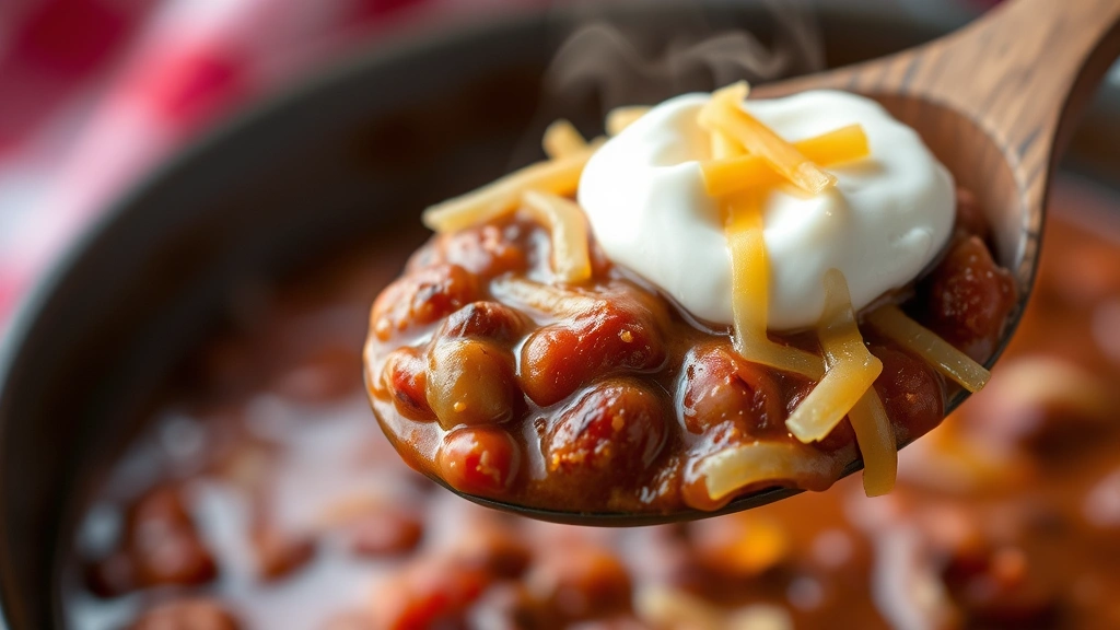 detail: close-up spoonful of chili with beans visible, melting cheese on top, sour cream dollop, shallow depth of field, steam rising, rustic wooden spoon