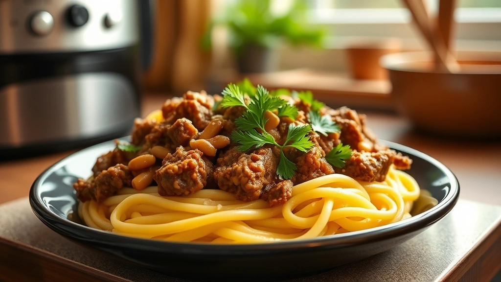 hero: finished crockpot hamburger dish served over egg noodles with fresh parsley garnish, photorealistic, warm natural daylight streaming through kitchen window, no text