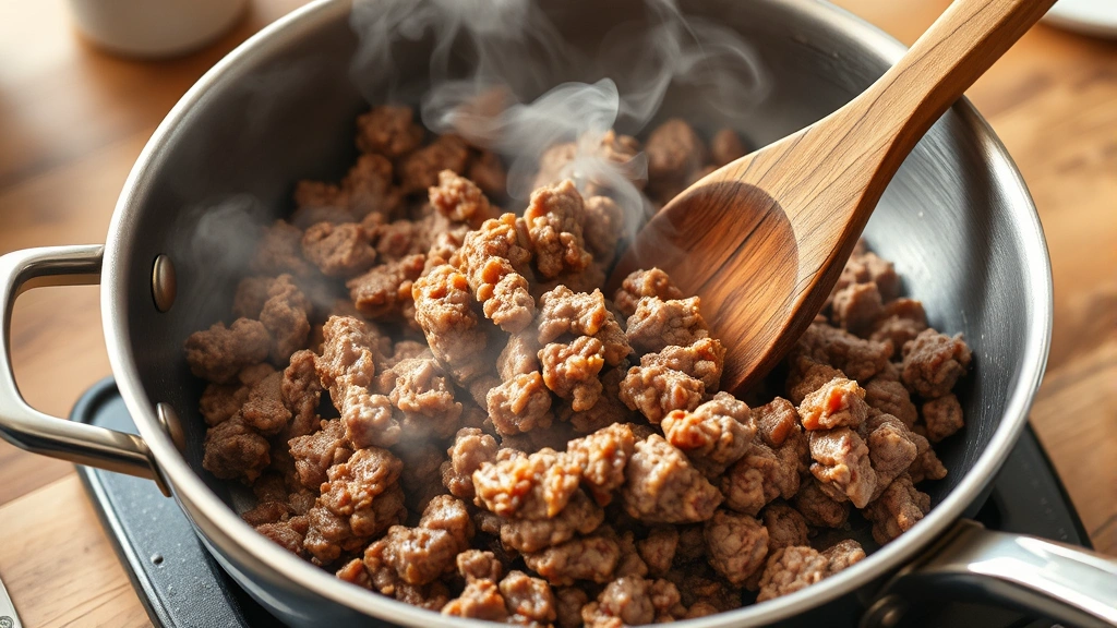 process: browning ground beef in stainless steel skillet, steam rising, wooden spoon breaking up meat, photorealistic, natural kitchen lighting, no text