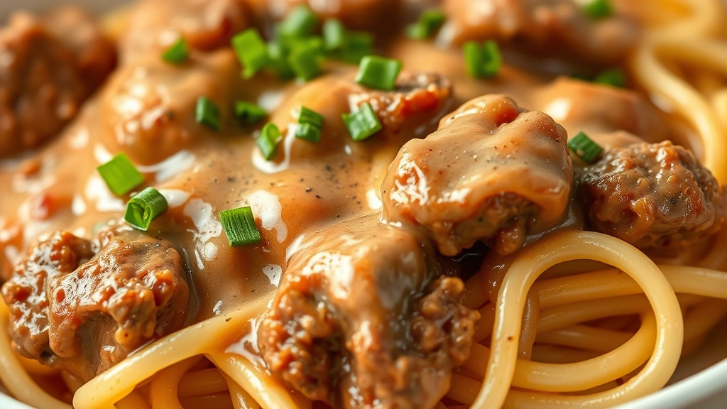 detail: close-up of creamy hamburger sauce clinging to tender beef pieces over noodles, shallow depth of field, photorealistic, natural light, no text
