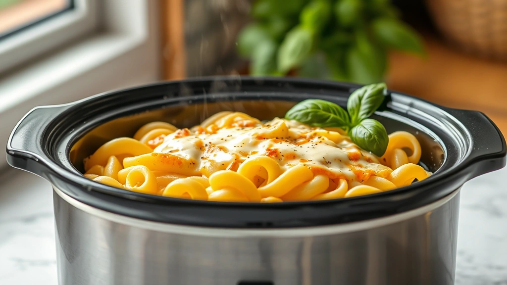 hero: creamy crockpot pasta with melted cheese and fresh basil garnish, photorealistic, natural light from window, steam rising, no text