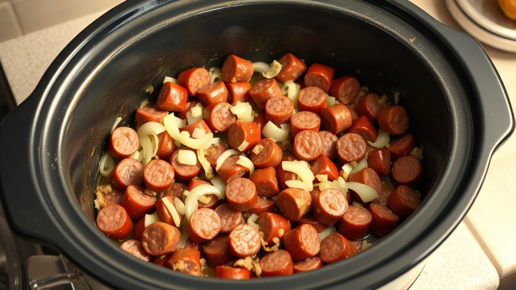 process: browning Italian sausage and onions in skillet before adding to crockpot, photorealistic, warm kitchen lighting, no text
