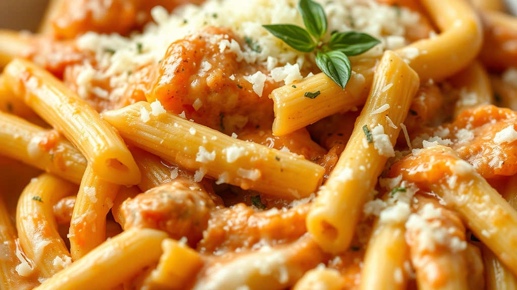 detail: close-up of creamy pasta sauce coating penne with melted mozzarella and Parmesan, photorealistic, natural light, no text