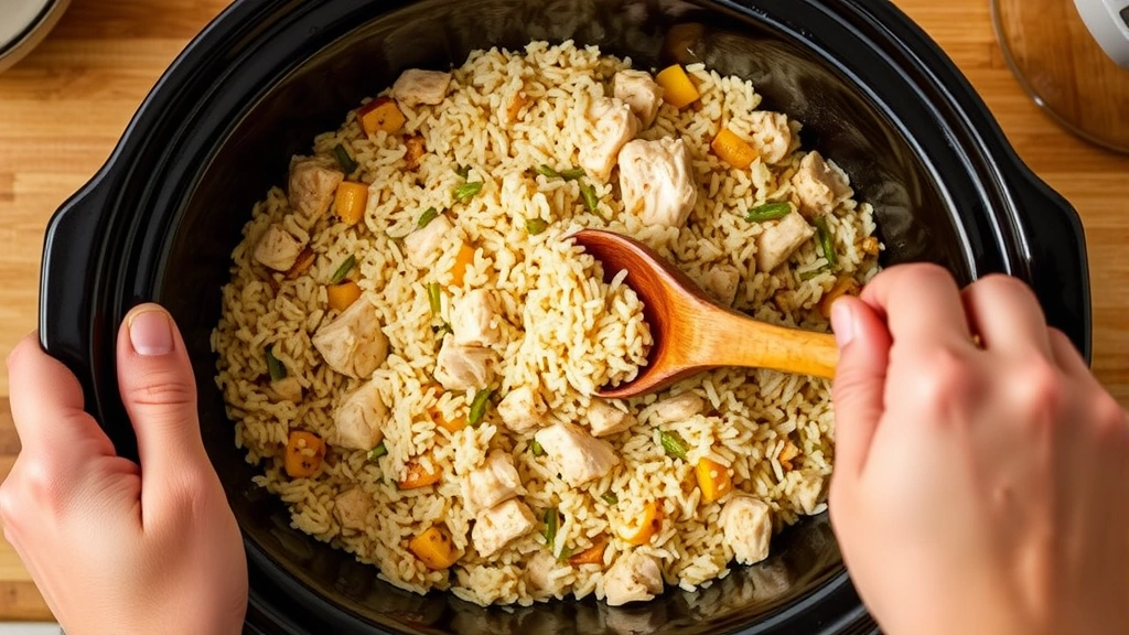 process: hands stirring the crockpot with a wooden spoon showing rice, chicken pieces, and vegetables mixing together, warm kitchen lighting, overhead angle, no text