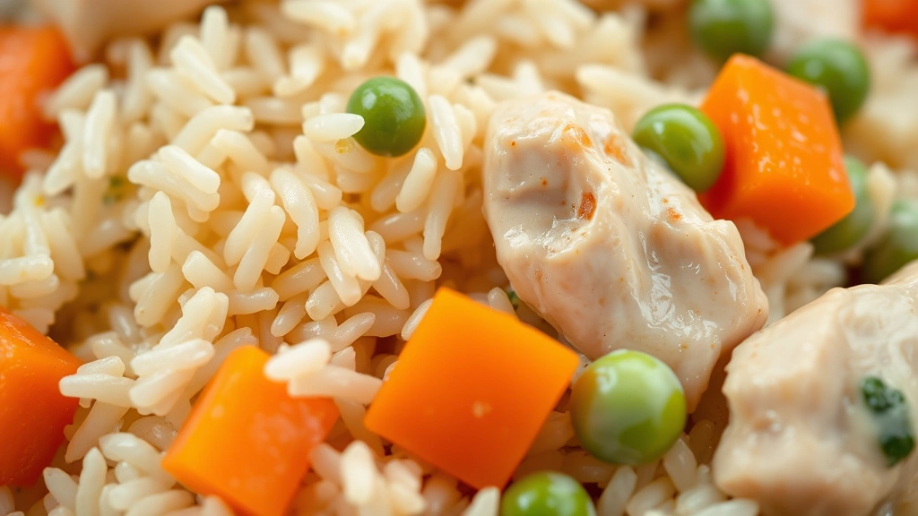 detail: close-up macro shot of individual components - perfectly cooked rice grains, tender white chicken, bright orange carrot coins, and green peas with creamy sauce coating, natural daylight, shallow depth of field, no text