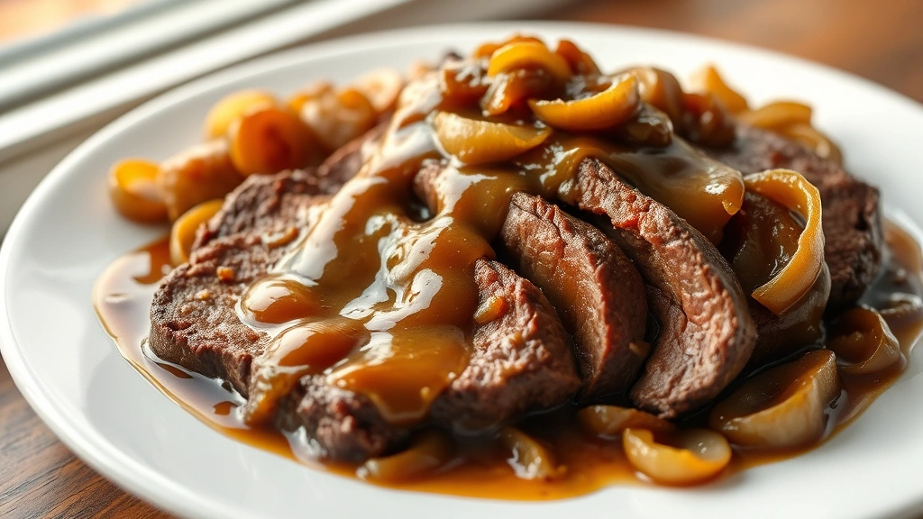 hero: succulent sliced crockpot steak with rich brown gravy and caramelized onions on a white plate, photorealistic, natural window light, no text