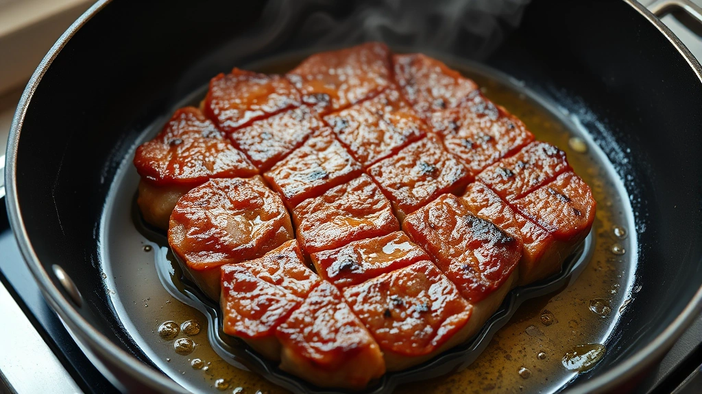 process: searing beef in hot skillet with oil sizzling, golden-brown crust forming, photorealistic, natural light, no text