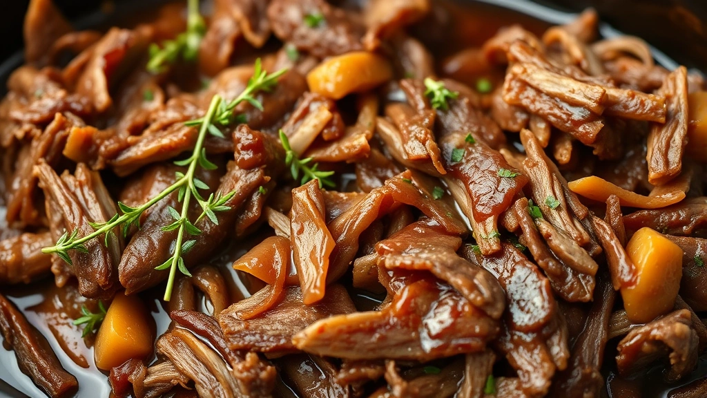 detail: close-up of tender shredded crockpot beef with glossy sauce and fresh thyme garnish, photorealistic, natural light, no text