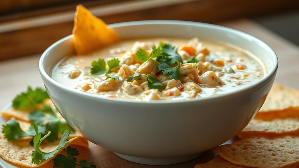 hero: creamy white chicken chili in a large white bowl with fresh cilantro garnish and tortilla strips, photorealistic, warm natural light from window, no text