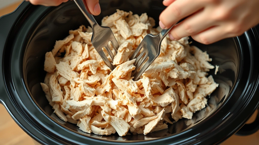 process: hands shredding cooked chicken with two forks in a crockpot, photorealistic, bright natural light, no text